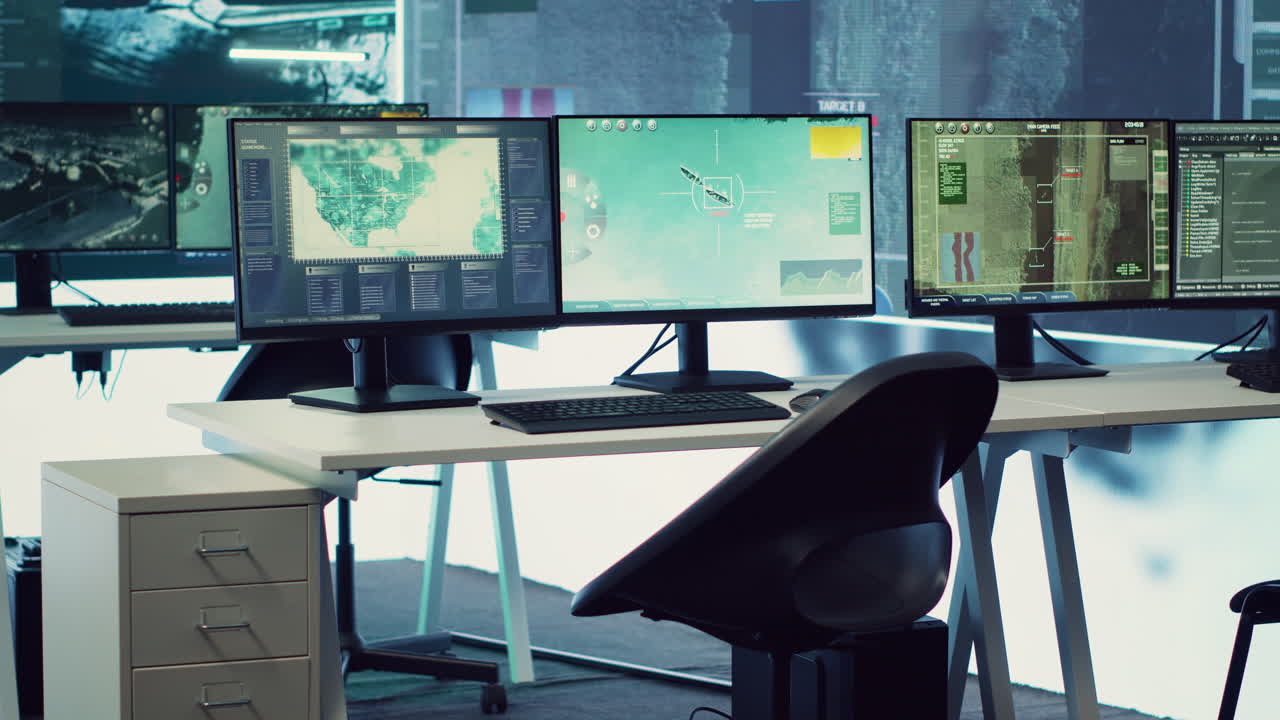 пустый военный центр управления беспилотными самолетами, использующий радарные кадры наблюдения.