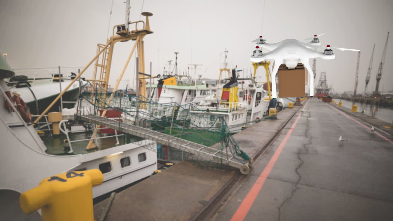 drone llevando una caja en un puerto