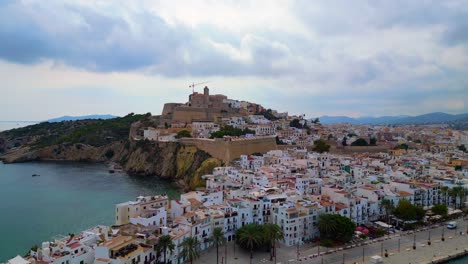 spectacular aerial top view flight harbor promenade ibiza town spain