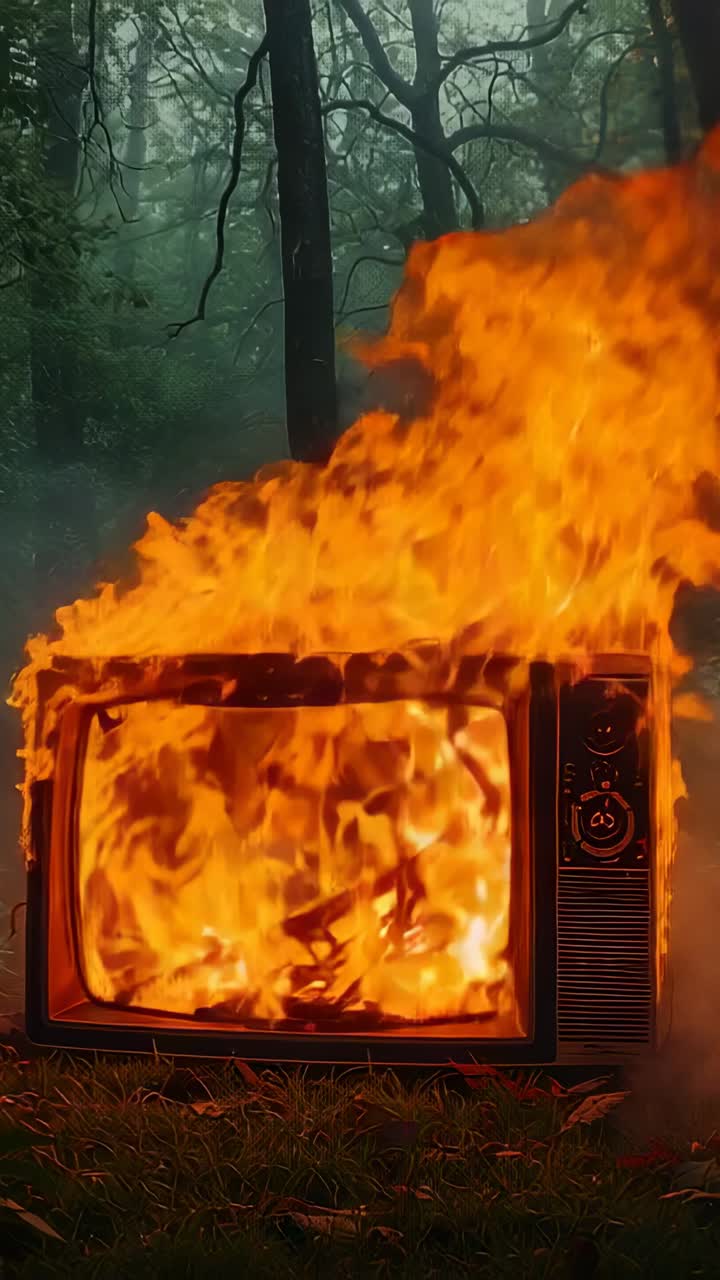 Vertical video: Sparking CRT television burning in misty forest clearing, spouting smoke