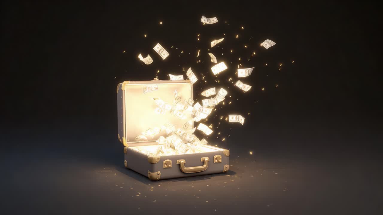 A Stunning Visual Journey of a Suitcase Overflowing with Cash and Glimmering Light: A Representation of Wealth and Prosperity in a Captivating Scene