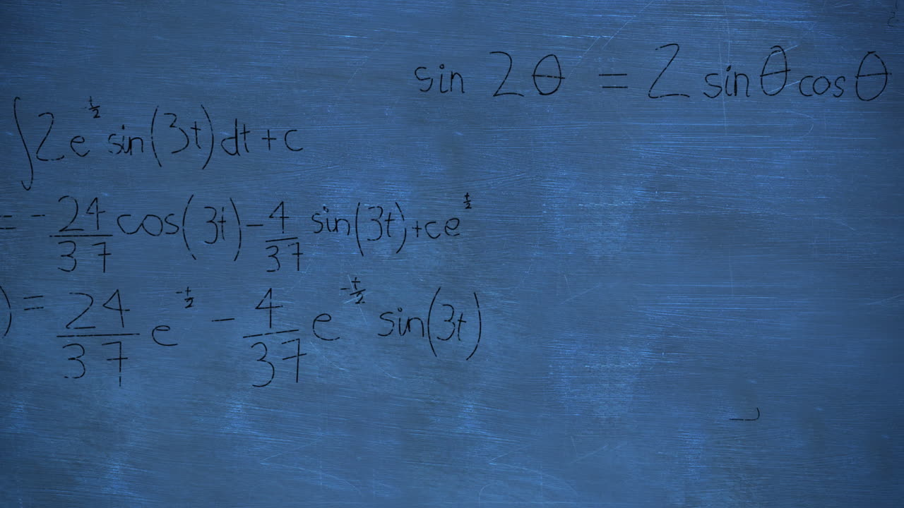 Mathmatical calculations in black floating over a chalkboard background 4k