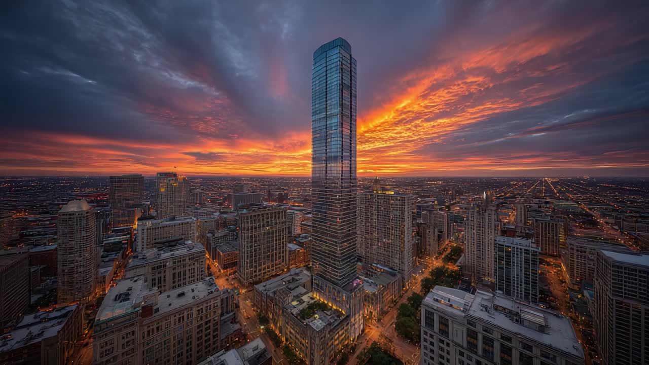 Captivating Urban Views: A Dramatic Evening Transition from Sunset to Night in a Bustling Cityscape with High-rise Buildings and Illuminated Streets
