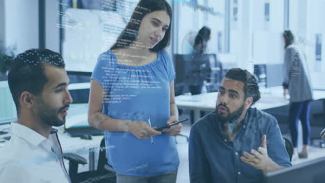 Discussing project, business team in office with data processing animation overlay