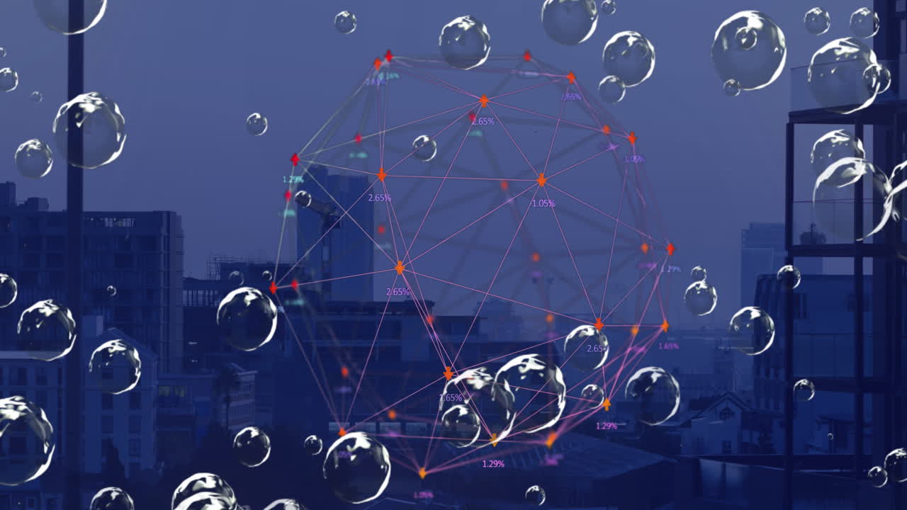 도시 풍경 위의 거품으로 연결된 네트워크의 애니메이션