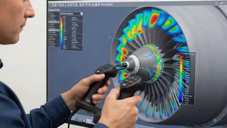 advanced engineering simulation: a professional analyzes turbine performance using virtual reality controls for stress and fluid dynamics analysis.