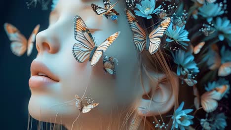 a woman with a flower and butterflies on her head, world mental health day concept