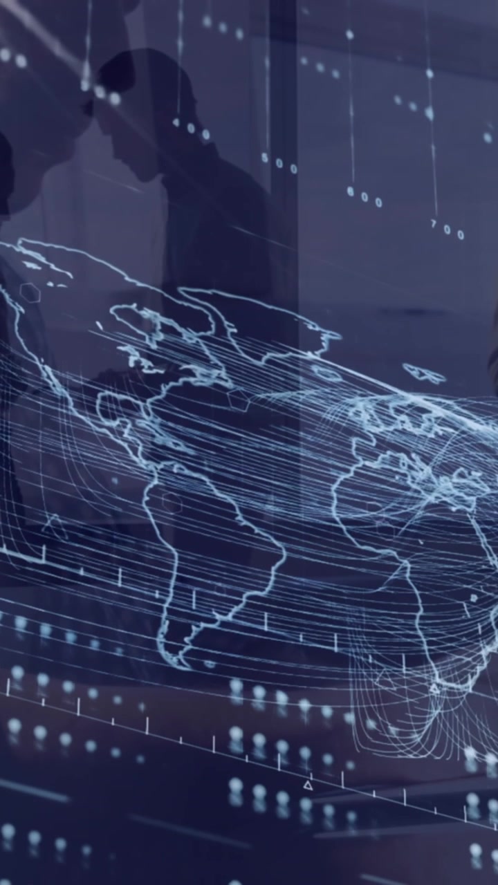 Animation of digital map and hud screen over diverse colleagues discussing with each other in office