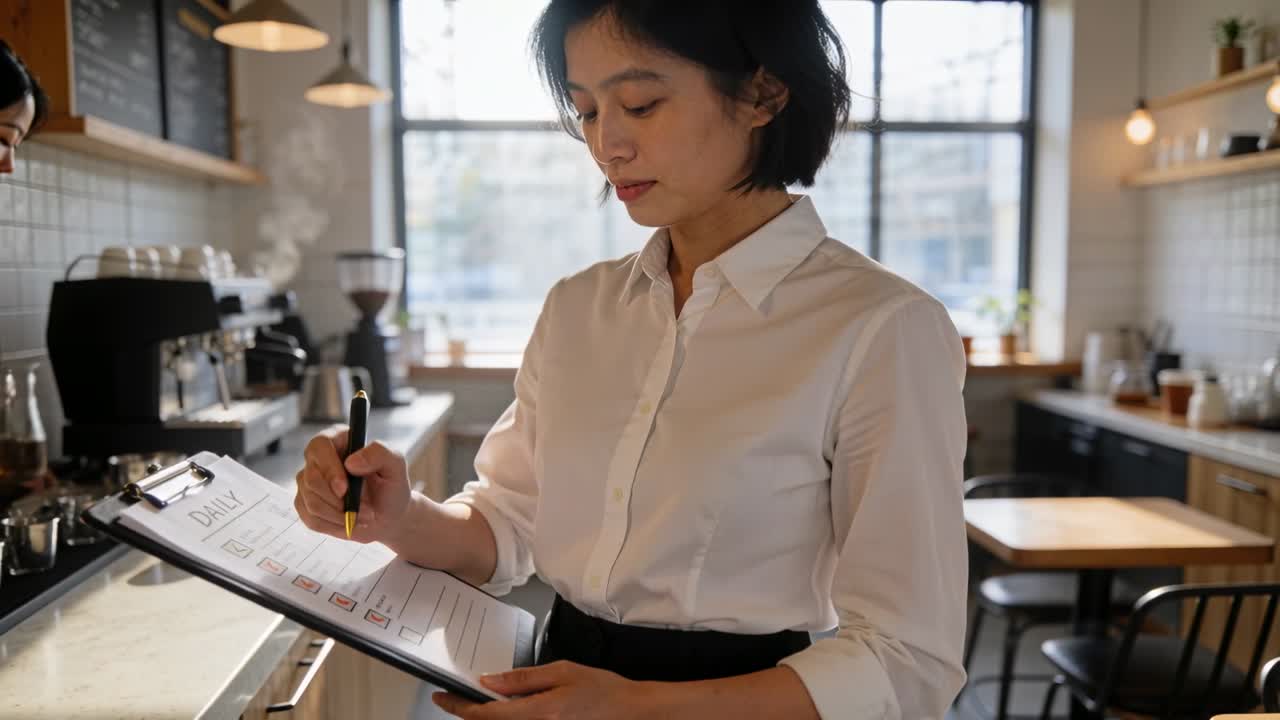 Asiatisk barista, iført hvid top, kigger til højre, scanner espressomaskine, afmærker 'DAGLIG' på klippeblokken.