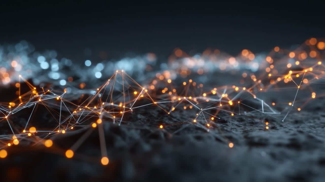 A mesmerizing visual representation of interconnected data points and networks, showcasing intricate patterns of glowing lines and nodes against a surreal dark backdrop