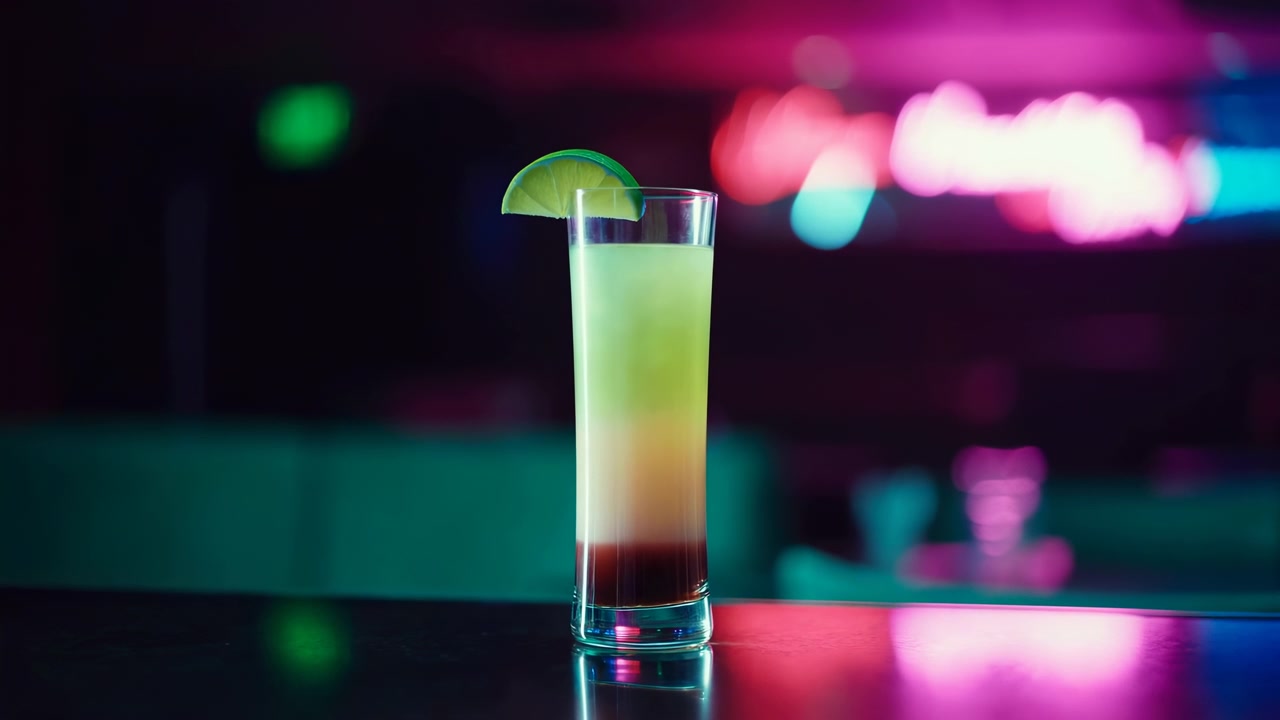 Cocktail alto a strati in un sottile bicchiere highball posizionato al centro su un bancone riflettente con una fetta di lime sul bordo. Luci bokeh al neon rosa e ciano brillano nel/nella