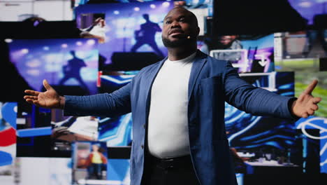 confident black public speaker delivers guidance at a live event