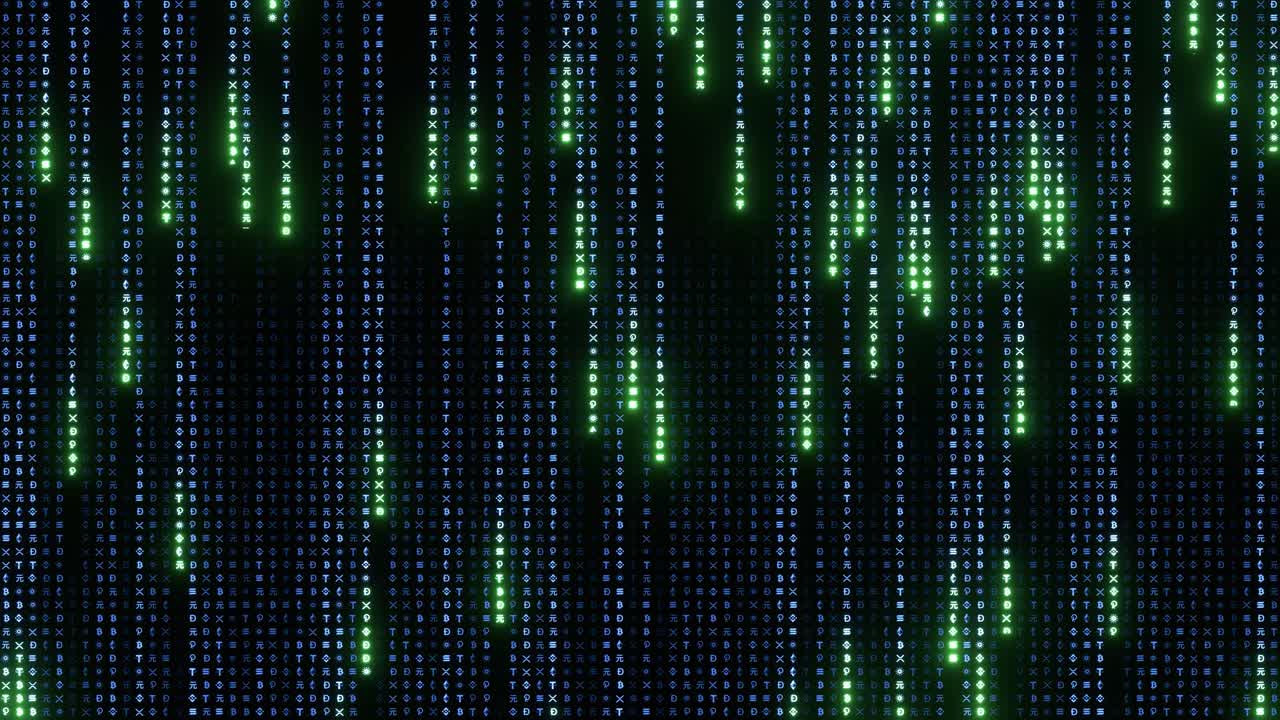 Neon green and blue crypto symbols, encrypted data running on a black background, concept of digital age