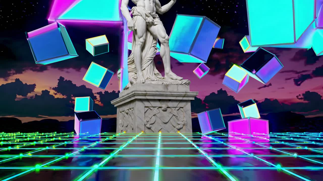 떠다니는 네온 큐브를 가진 고대 동상
