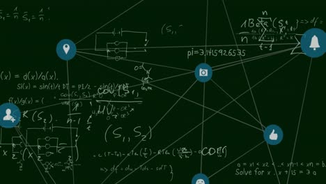 Animation-of-network-of-connections-with-icons-over-mathematical-equations-on-black-background