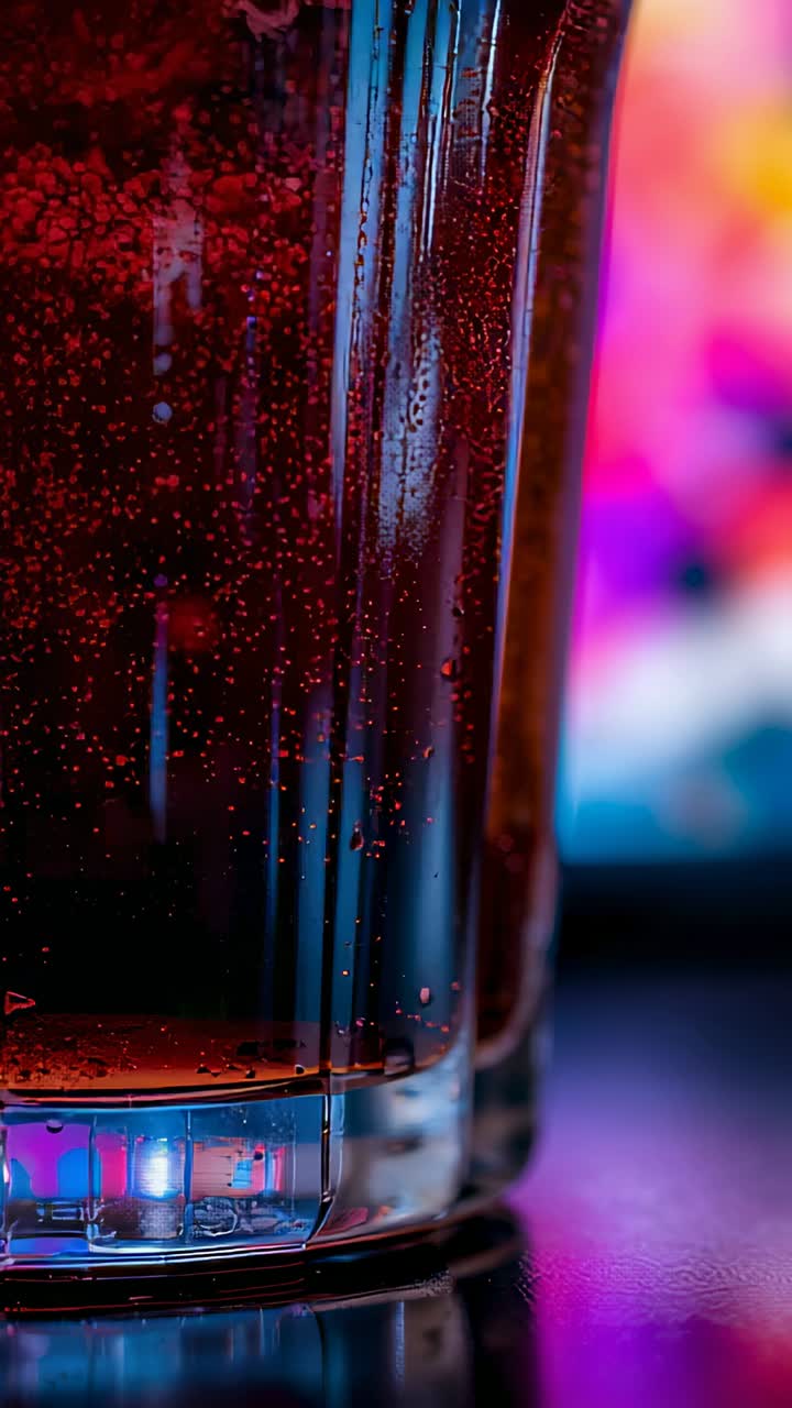 Vertical video: Bubbling glass releasing dissolved gas, tiny bubbles rising on reflective tabletop