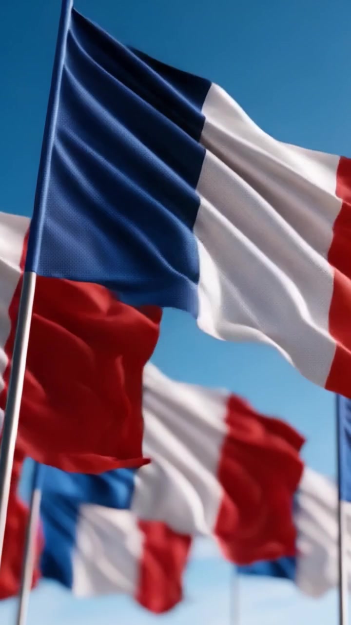 A Vibrant Display of French Flags Waving in the Breeze Against a Clear Blue Sky, Showcasing Cultural Identity and National Pride