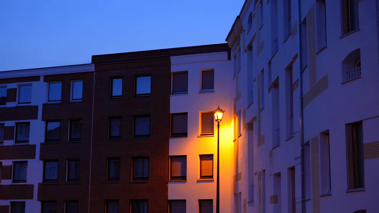 Wall Lantern Casting Amber Glow Courtyard. Midnightblue Sky With Adjacent Apartment Facades, Warm Reflections