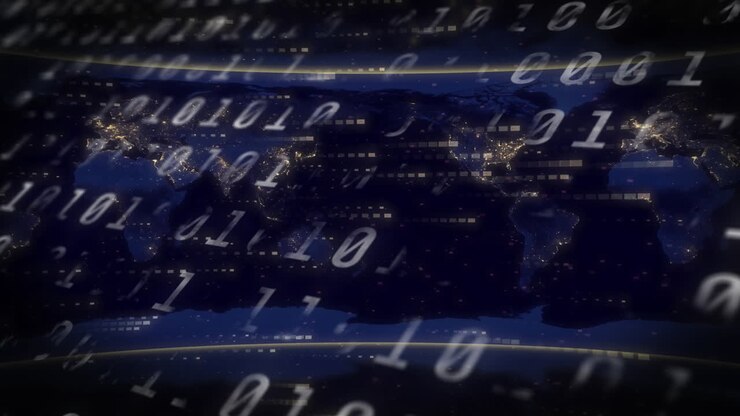 Animation of data processing over world map on black background