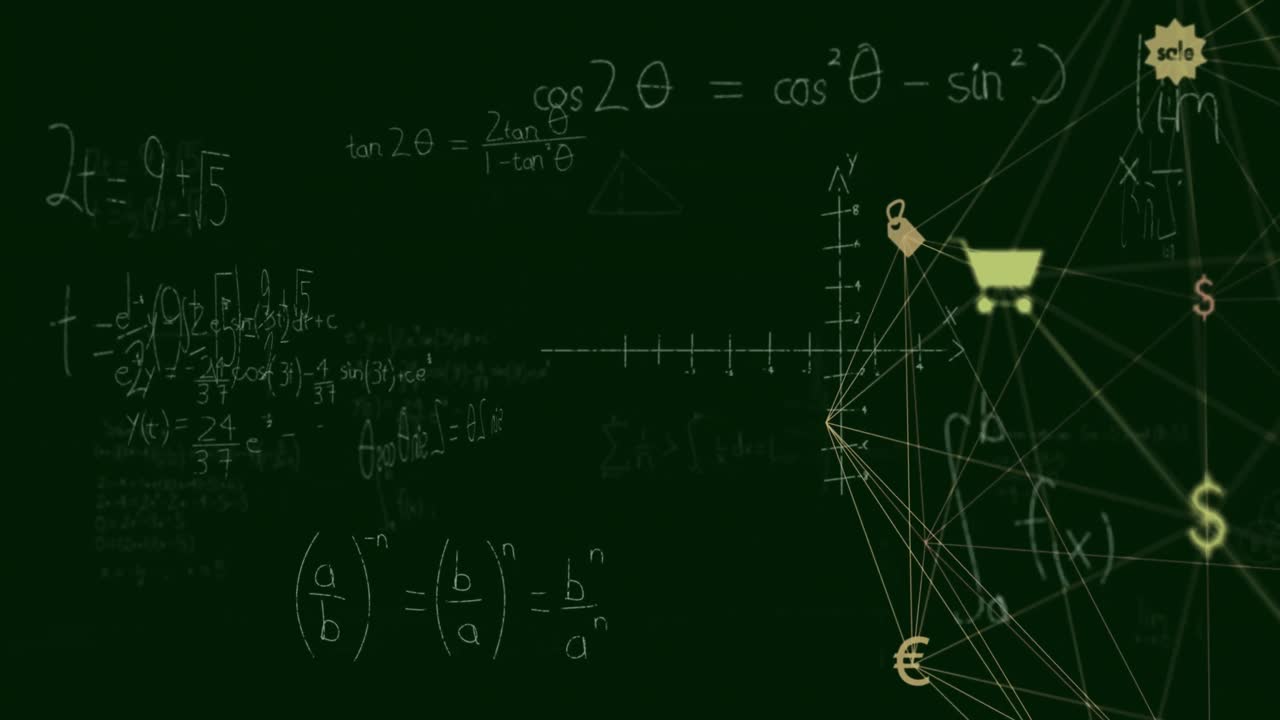 animación de ecuaciones matemáticas y red de conexiones.