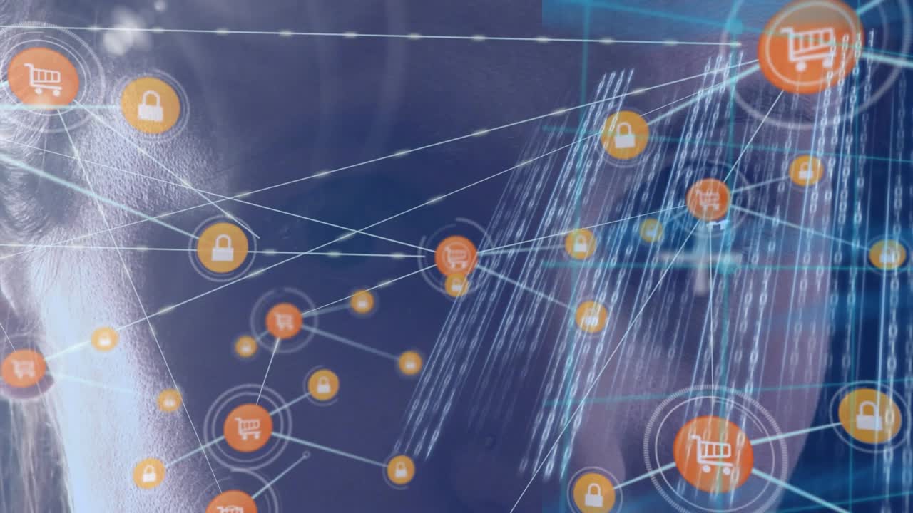 Animazione di una rete di connessioni con icone sovrapposte al volto di una donna