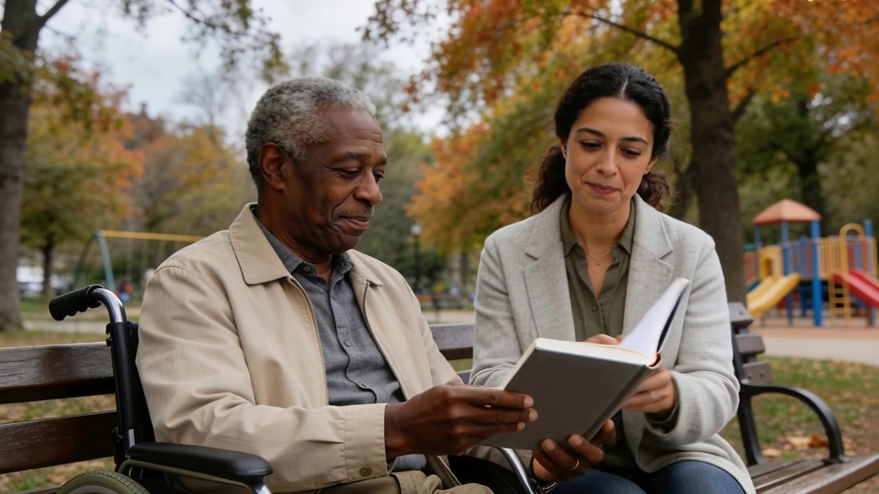 Opening book woman guiding senior in wheelchair wearing jackets, pointing at pages on park bench