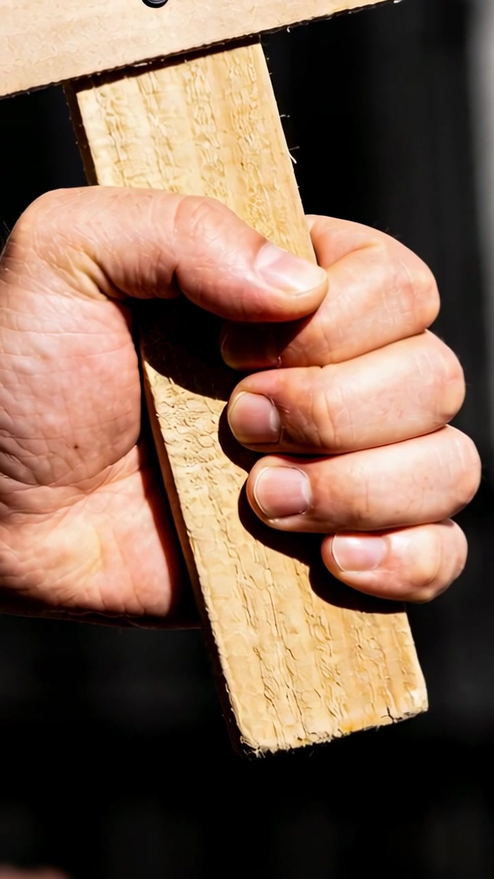 Video vertical: Ajustando el agarre de la mano derecha al inicio del clip, manteniendo el agarre en un tornillo de listón de madera, en primer plano.