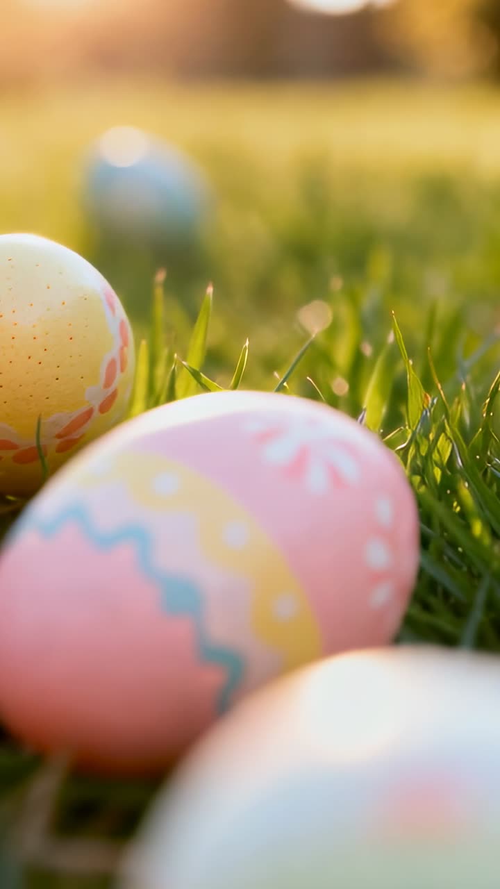 Camera pulling back and shifting focus, eggs cluster moving toward grass and yellow egg for design