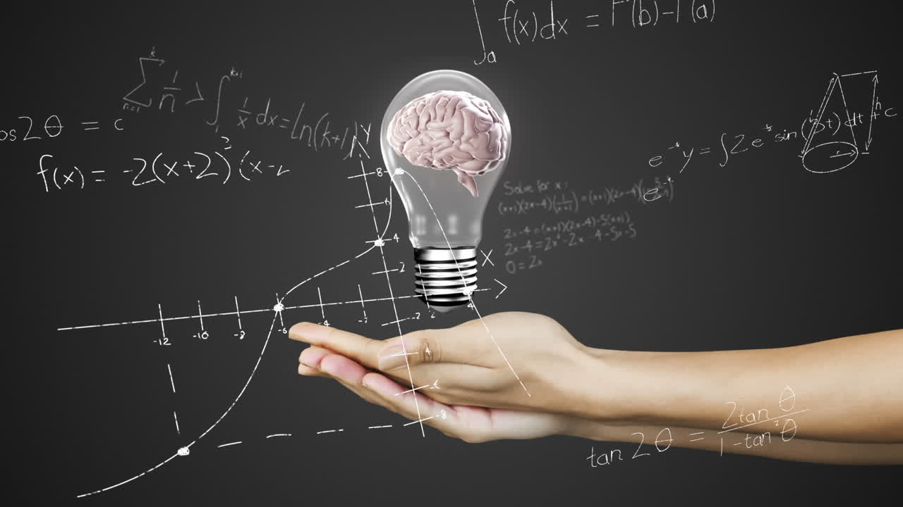 컵형 손과 수학적 방정식 위에 있는 전구 아이콘 안의 회전하는 뇌의 애니메이션