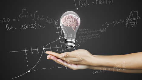 animación de cerebro giratorio dentro de un icono de bombilla sobre manos cubertas y ecuaciones matemáticas.