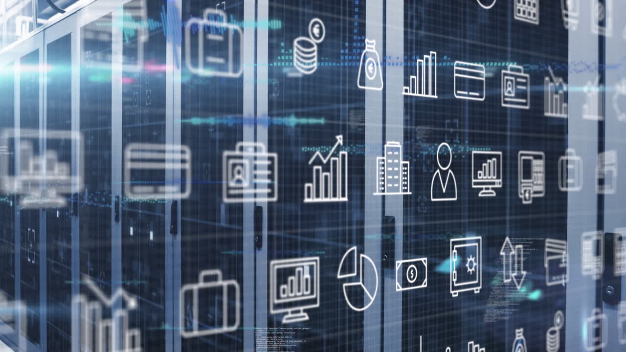 animación de múltiples iconos con luces de lente sobre los racks de servidores de datos en la sala de servidores