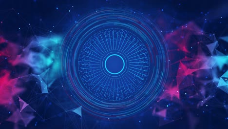 futuristic circular hud interface glowing dots vibrant plexus web visualization of smart tech