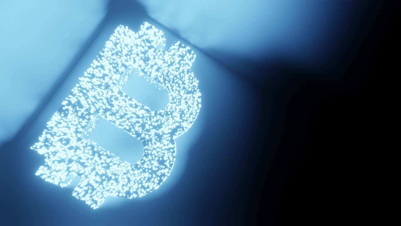 비트코인 암호화폐 표지판과 기호 빛나는 미래의 입자 3d 렌더링 큐브 다각형 패턴, 비즈니스 금융 블록체인 기술 개념 검은 배경 애니메이션 4k 복사 공간