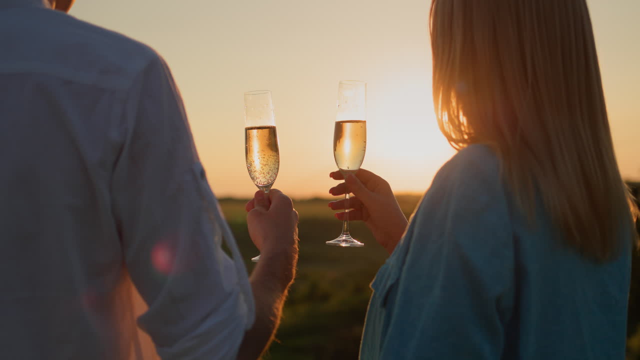 una pareja feliz con vasos de vino tinto viendo la puesta de sol sobre un pintoresco valle.