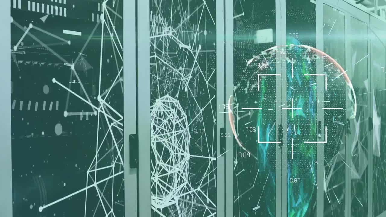 Animation of multiple shapes floating over room made of screens showing globes