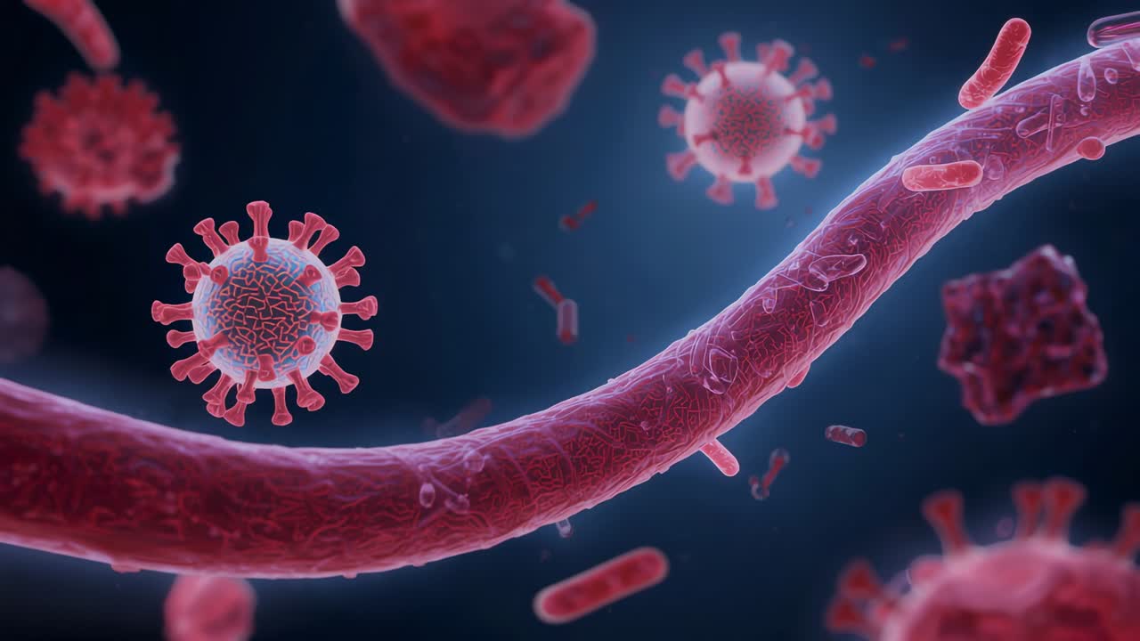 Opening close-up view showing red tubular structure flowing in bluish fluid viral spikes drifting