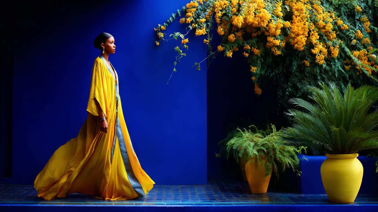 A graceful model adorned in a flowing yellow garment walks confidently through a vibrant blue setting, surrounded by lush greenery and stunning yellow flowers, showcasing elegance and beauty