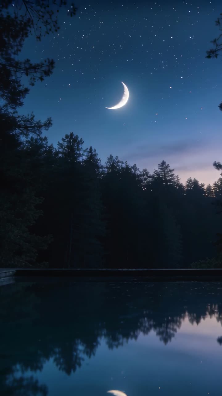 Tramonto che si affievolisce, luna crescente sospesa sopra la pineta, stelle che scintillano, riflettendosi su un lago calmo.