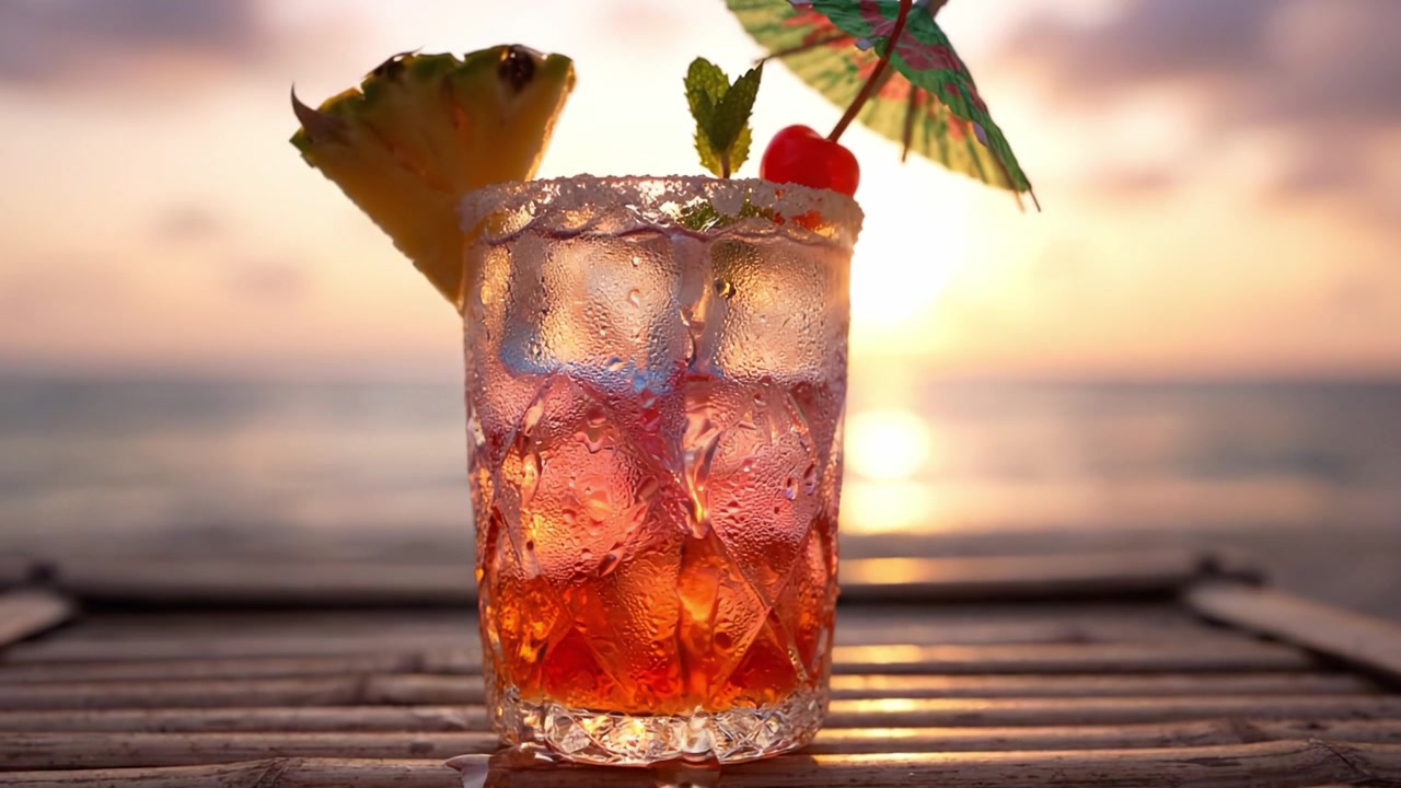 En forfriskende tropisk cocktail ved solnedgang: Nyd en farverig drink med ananas- og kirsebærpynt, perfekt til en afslappende aften ved stranden