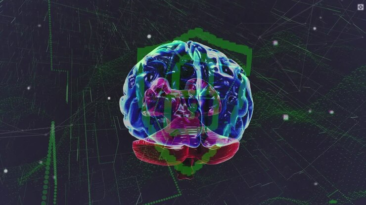 Animation of brain over green digital shield and icons on black background