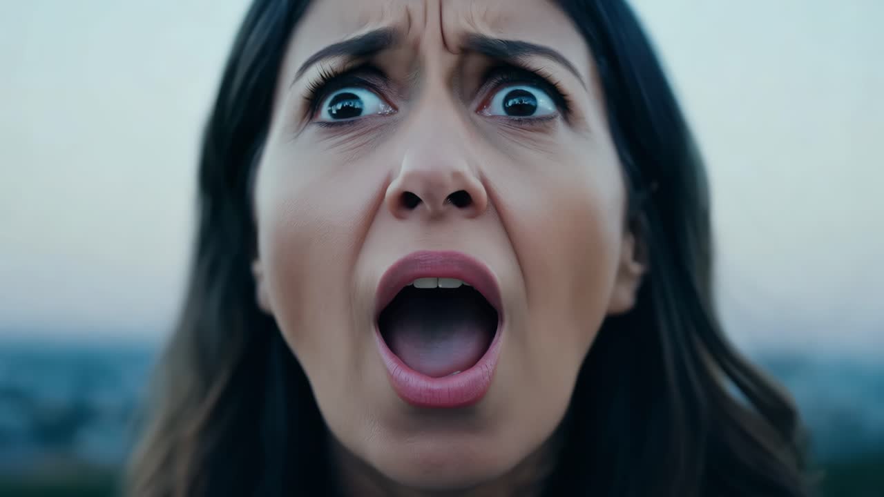 A woman expressing fear and distress, sometimes covering her face