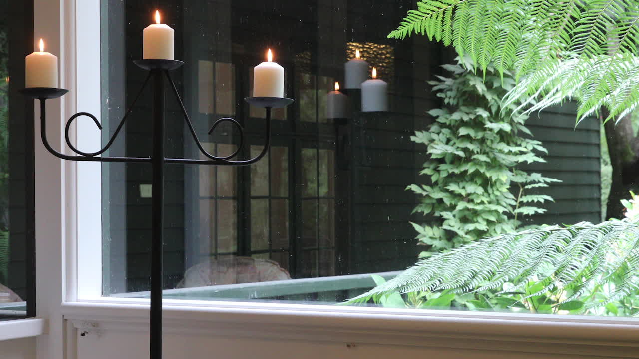 검은색 불에 불타는 불을 드러내는 정적 뷰, 배경에 창문을 통해 경치 좋은 자연 뷰