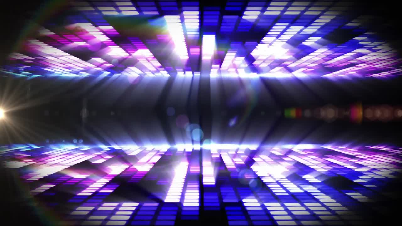 Animazione di luci viola di equalizzatore grafico musicale e riflettori in movimento.