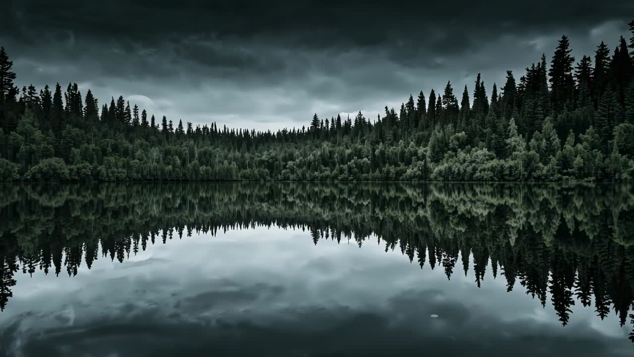 Stirring light breeze pushing low clouds over far lake rippling calm water reflecting fir treeline