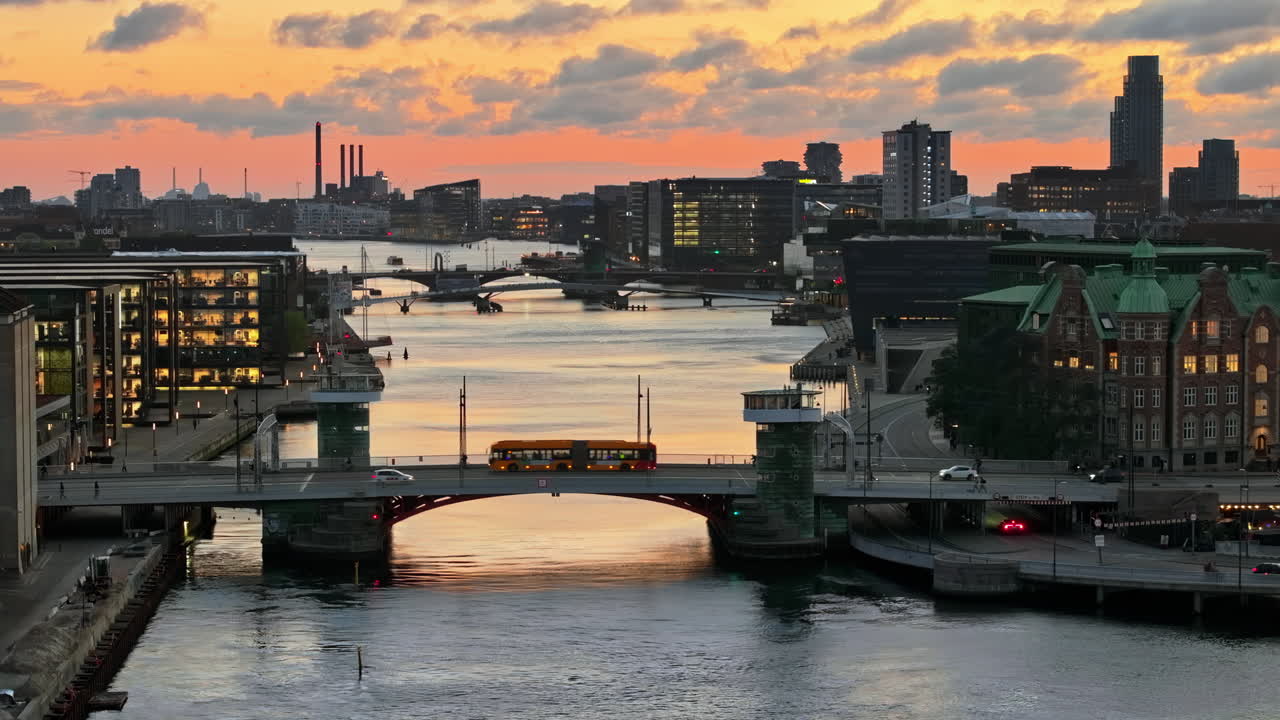 Aerial drone view of Borsen historical place in Copenhagen, Denmark in the evening