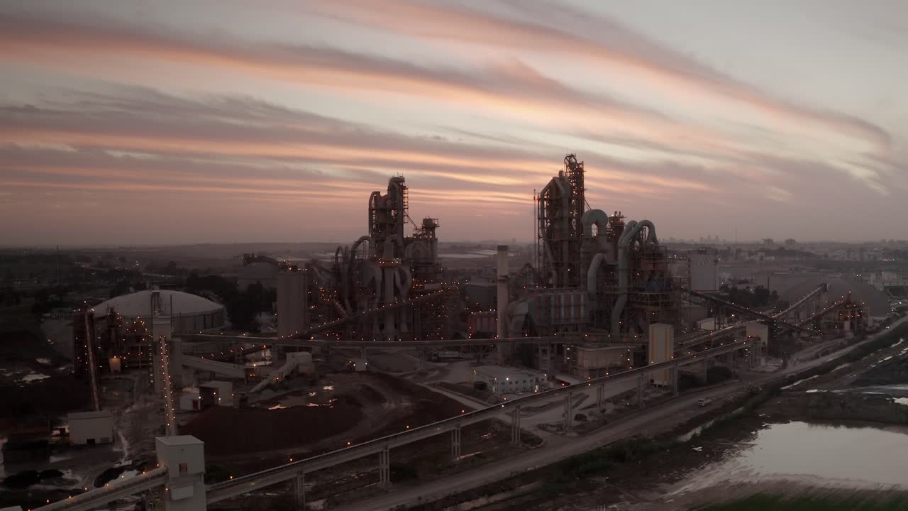 fábrica de cemento al atardecer o al amanecer vista aérea