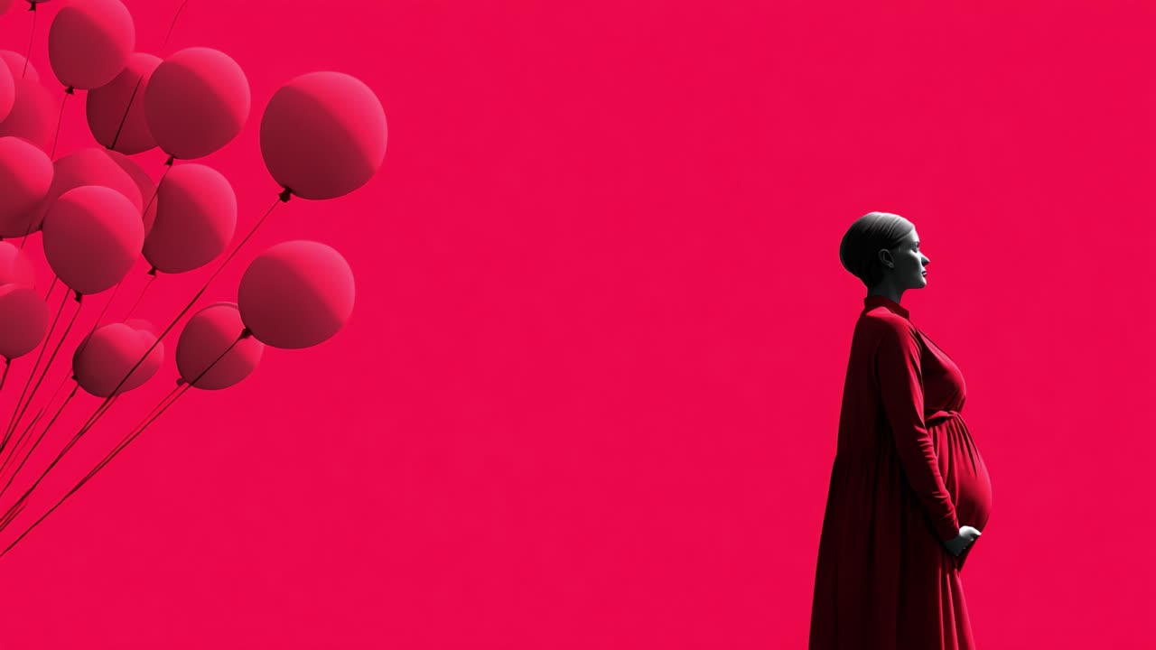 A Celebration of Life: A Woman in a Red Dress Embraces Her Pregnancy Surrounded by Floating Balloons Against a Vibrant Pink Backdrop