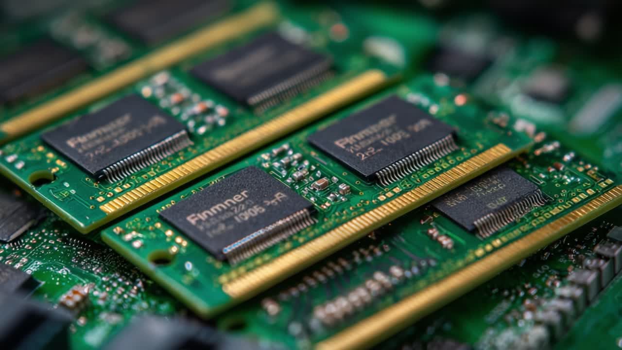 Detailed Close-Up of Computer Memory Modules Showcasing Integrated Circuits and Their Complex Structure in a High-Tech Environment