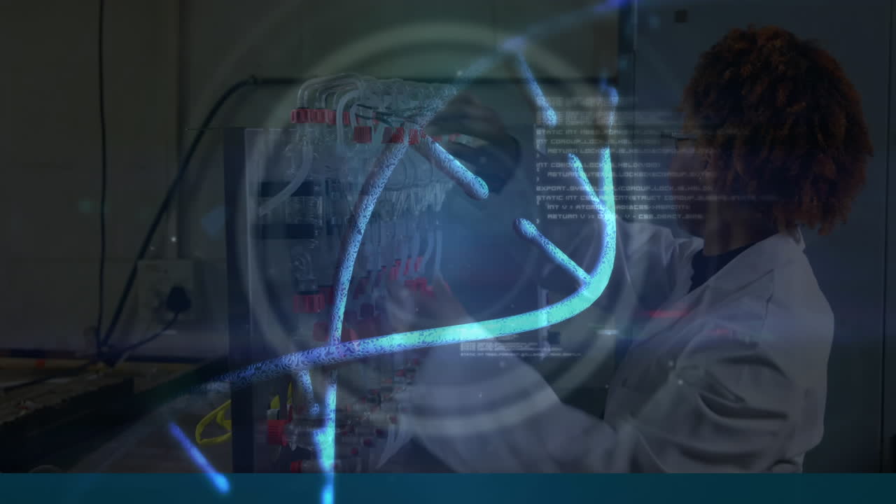 실험실에서 일하는 여성 과학자에 대해 dna 구조가 회전합니다.