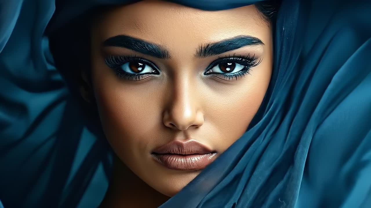 A woman with blue eyes and a blue veil covering her face